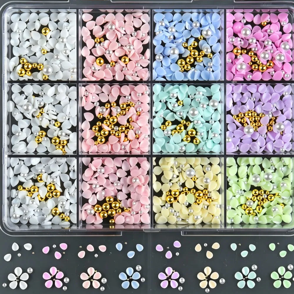 12-teiliges 3D-Macaron-Blütenblätter-Nagelkunst-Set mit Gold- und Weißperlen, Weiße, Rosa, Blaue und Grüne Blumen zur Nageldekoration – Detail 9