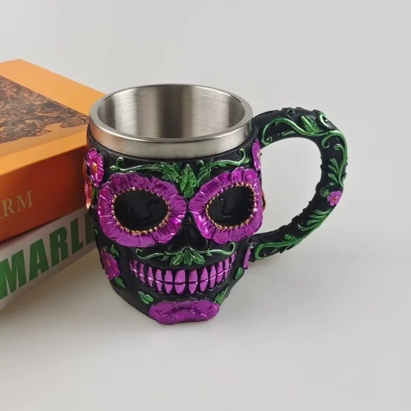 

Purple Skull Flower Goblet Resin Steel Cup Creative Beer COFFEE Mug Gothic 3D Wine Glass Mugs Halloween Gift Death Day 200/400ML