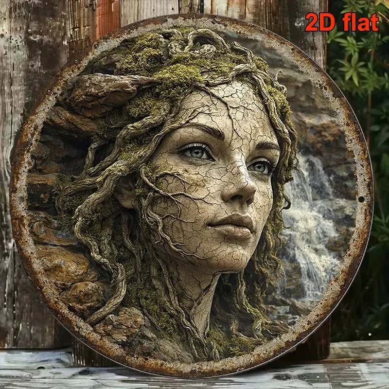 Round Rust Metal Tin Sign Forest Moss Goddess Print Wall Decor,  2D Flat Metal Plaque For Cottage Farmhouse Cabin