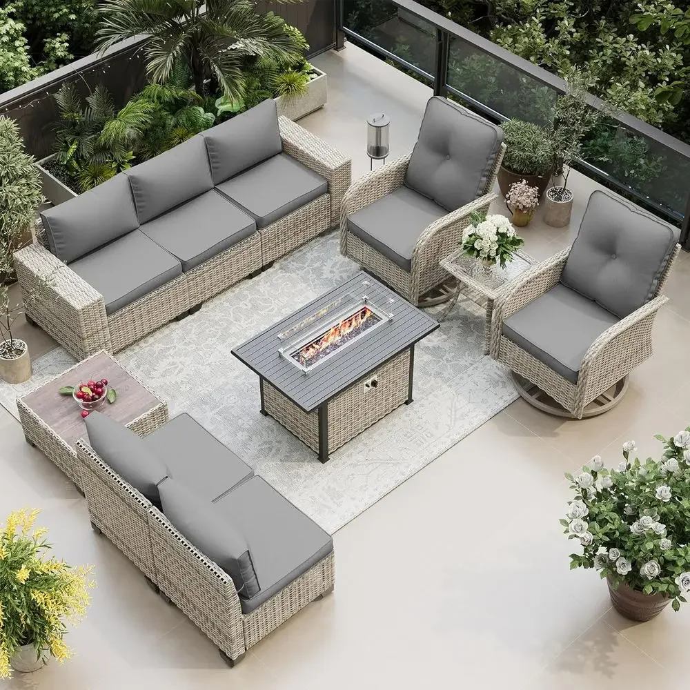 10-Piece Grey Outdoor Patio Furniture Set with Rocking Swivel Chair, PE Wicker Rattan Sectional Sofa, 55,000 BTU Fire Pit Table