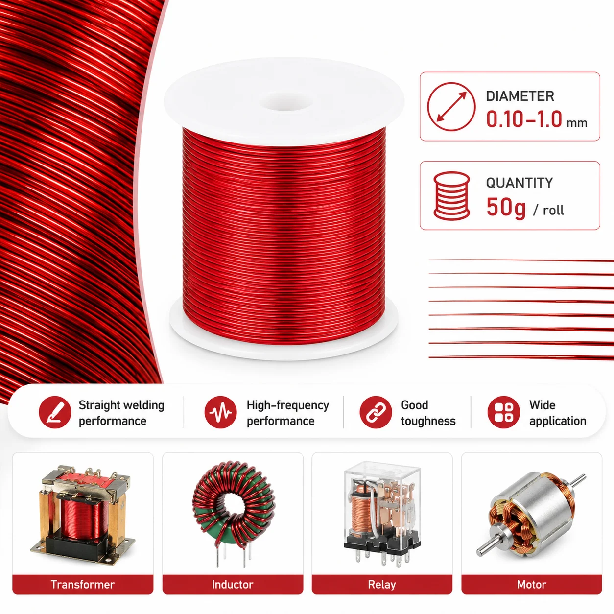 1/3 Roll of 50g Red Polyurethane Enameled Copper Wire, Enamel Thickness 0.10mm~1.0mm, Enameled Copper Winding