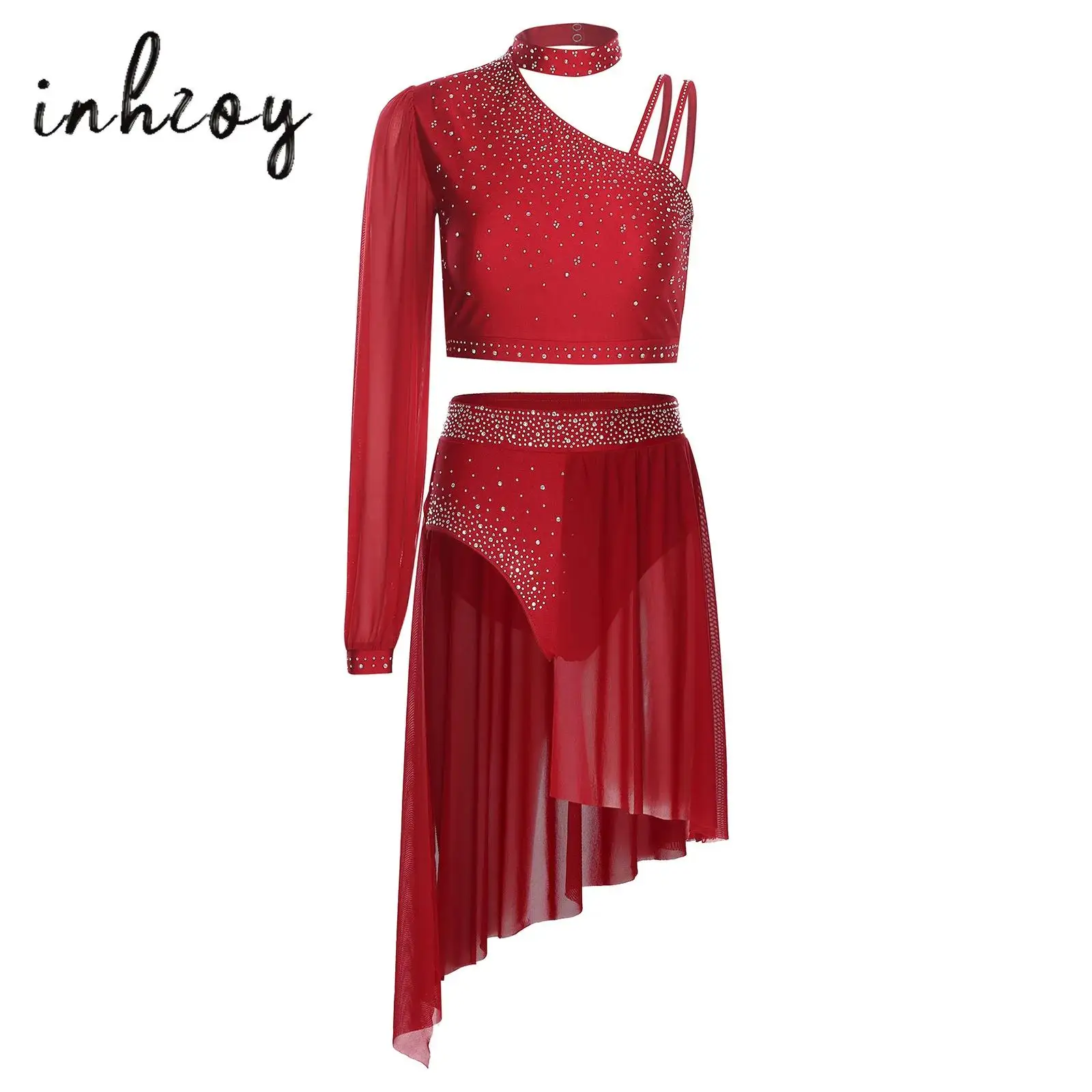 

2Pcs Womens Modern Lyrical Dance Outfit Asymmetrical Sleeve Crop Top+High Waist Briefs Shorts Chiffon Skirt Latin Dance Costume