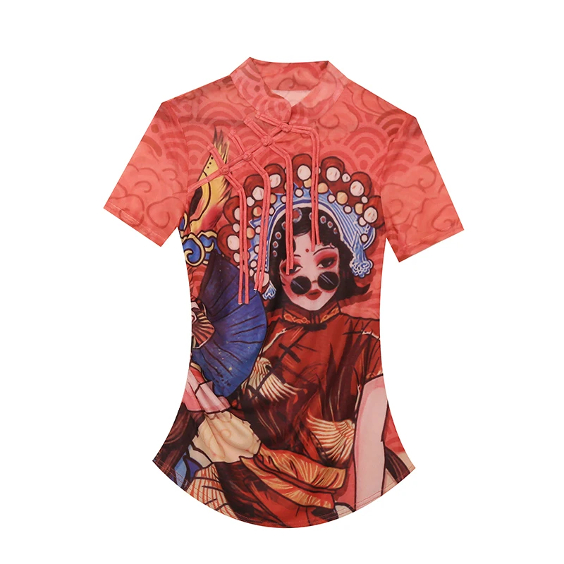 Summer Chinese Style T-shirts Women Mandarin Collar Short Sleeve Tassel Buttons Printing Mesh Tops TShirt For Female FF6869