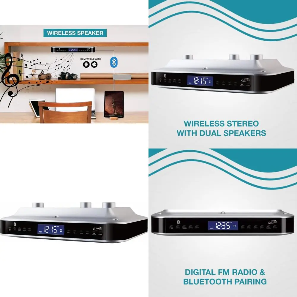 

Bluetooth Kitchen Radio with Clock, 20 Presets, 60W Range, Under-Cabinet Mount, AC/Battery Powered
