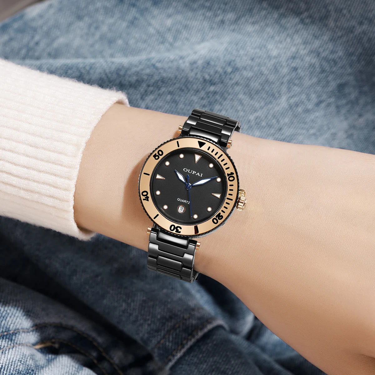 Oupai watch women's black ceramic Japan quartz move fashion simple luminous calendar simple waterproof