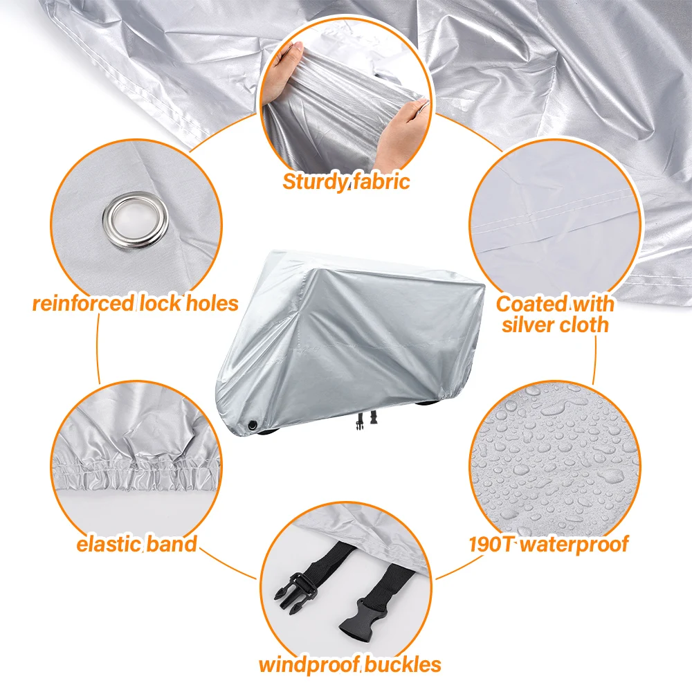 الفضة 190T 4XL دراجة نارية الغطاء الواقي البوليستر التفتا في الهواء الطلق داخلي مقاوم للماء غير نافذ للمطر الغبار المضادة للأشعة فوق البنفسجية غطاء
