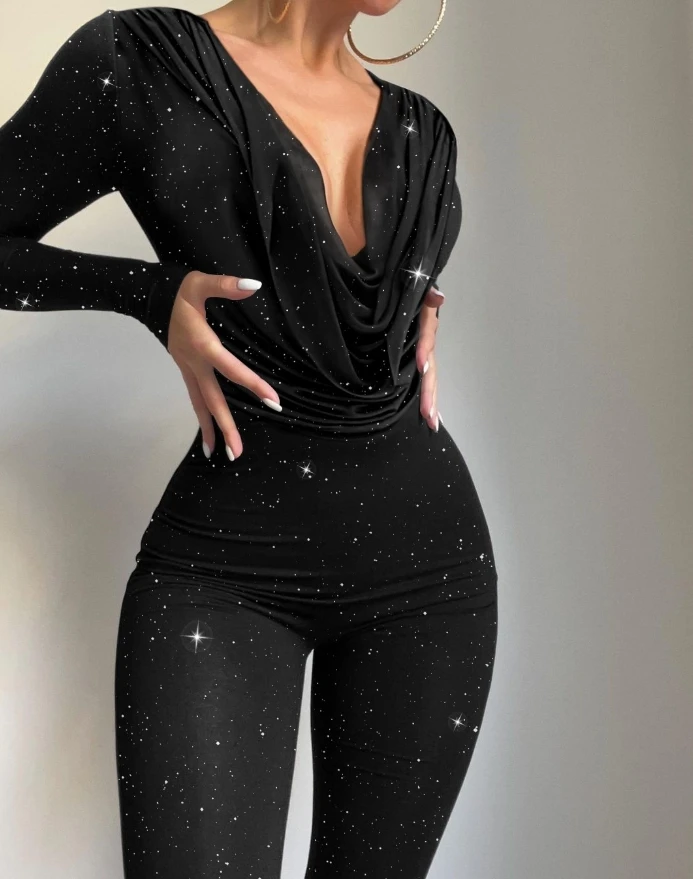 

Glitter Cowl Neck Long Sleeve Jumpsuit Sexy Waist Slim Fit Rompers