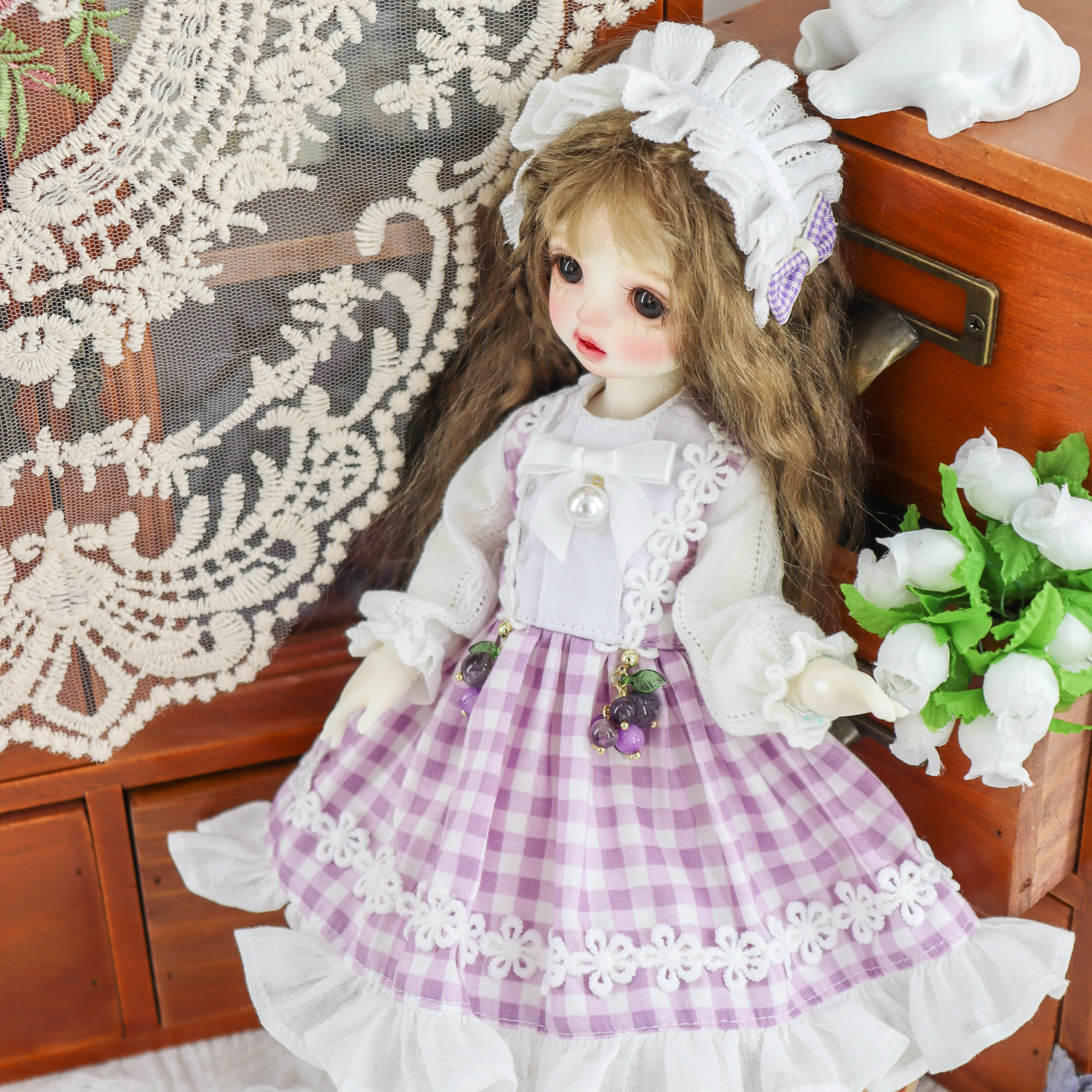 1/6 1/4 1/3 BJD dress + hair Clips doll retro dress Purple Check Set for 1/3 1/4 1/6 BJD SD DD 1/6 Blyth doll accessories