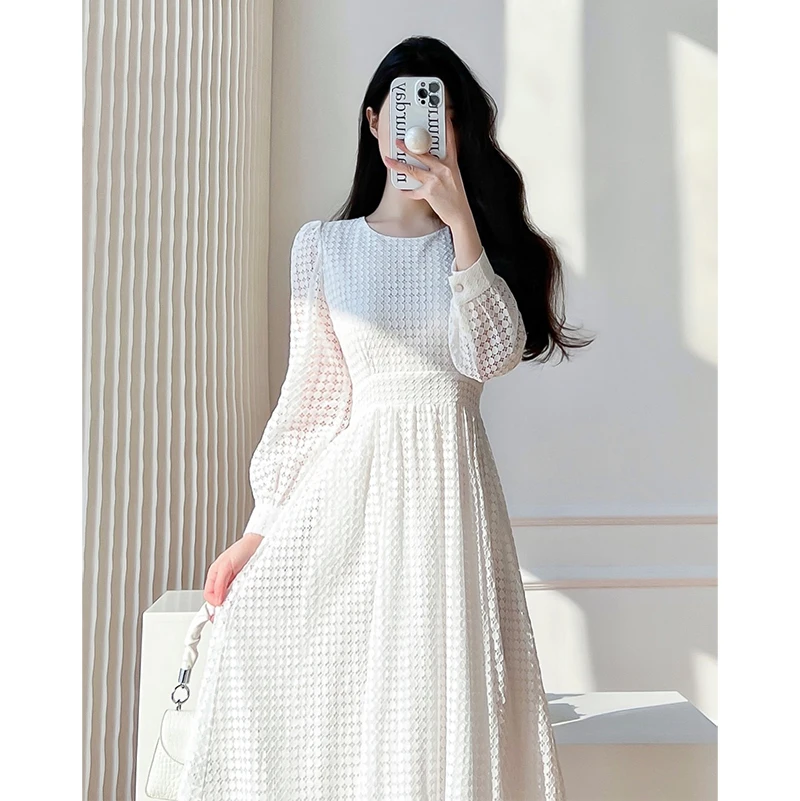 2023 Spring Women Elegant Lace Midi White Dress Long Sleeve Vintage A-Line Fashion Prom Vestidos Female French Style Party Robe