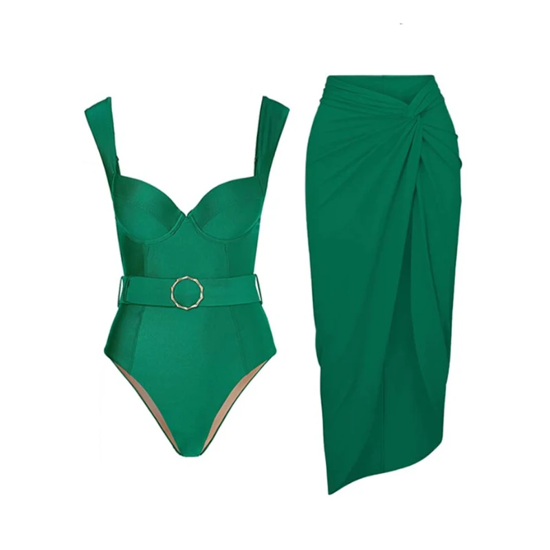 Solid Green Women Swimsuit One Piece Swimwear 2023 New One-shoulder Halter Swimming Suit Backless Bodysuit Summer Beachwear