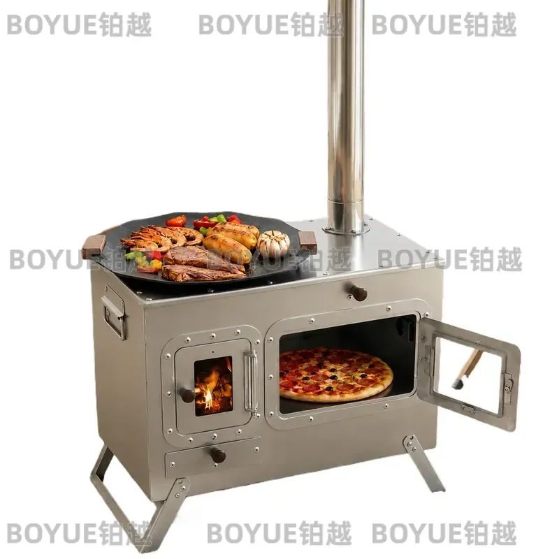 Portable Camping Wood Stove with Oven & Chimney, Stainless Steel Outdoor Stove for Cooking Heating, Tent Stove for Hiking