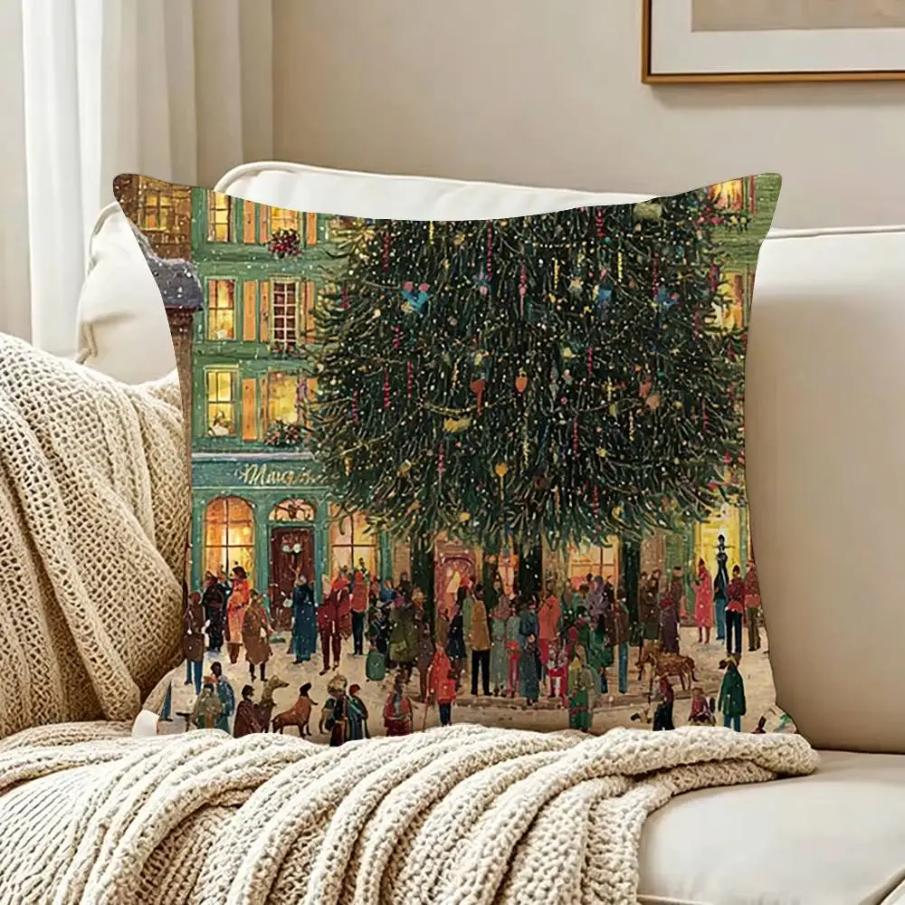 Colorful Christmas Art Town Pillow Cover Sofa Cushion Cover Home Room Decoration Children Gift