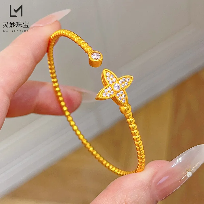 

9999 24K real gold full diamond four-leaf clover bead elastic bracelet stacked with open bracelet simple gift for girlfriend