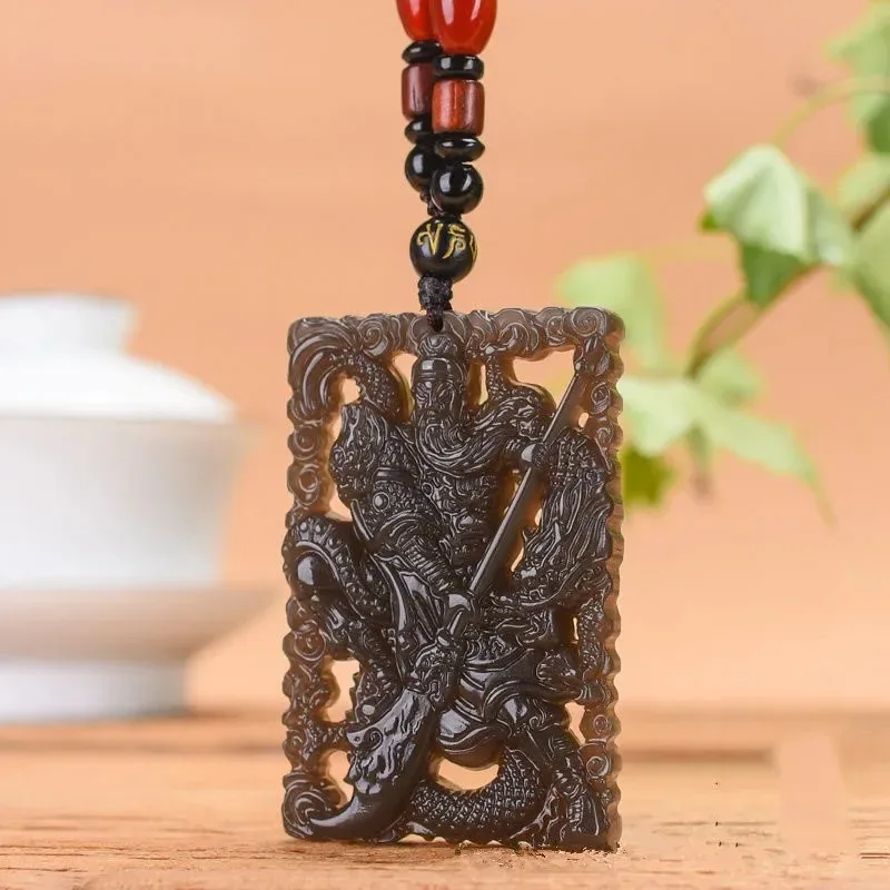 Natural Smoky Purple Double Sided Handcarved Guan Gongyu Pendant Fashion Jewelry Men and Women Wu Caishen Necklace Gift
