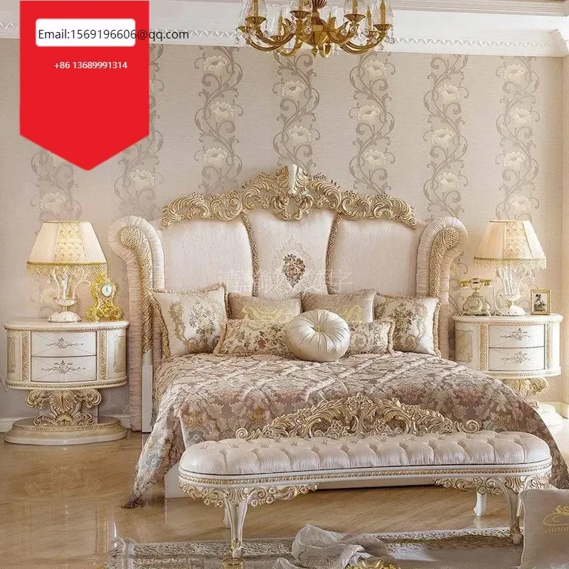 

European-style custom solid wood fabric wood carving gold foil technology French court princess double wedding bed