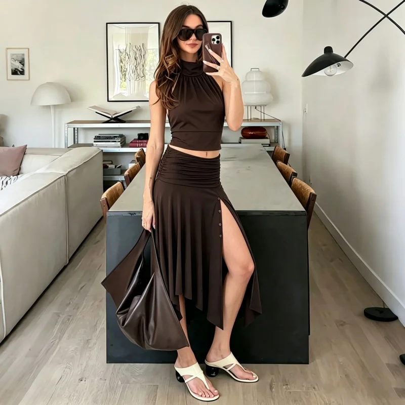 Hugcitar Modischer, hoch taillierter, geraffter Rock mit Schlitz und Knöpfen, sexy, plissiert, unregelmäßig, Midirock, Sommer-Outfit für Damen, Streetwear, Party, Urlaub – Detail 20