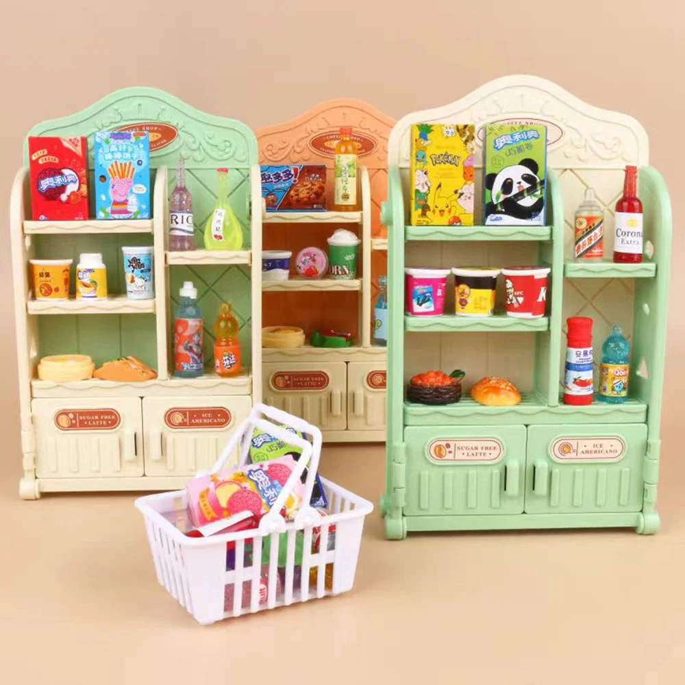 Miniestante de cocina para niñas, mueble en miniatura de 30 piezas, para postres, bebidas, comida, supermercado, tienda, casa de muñecas