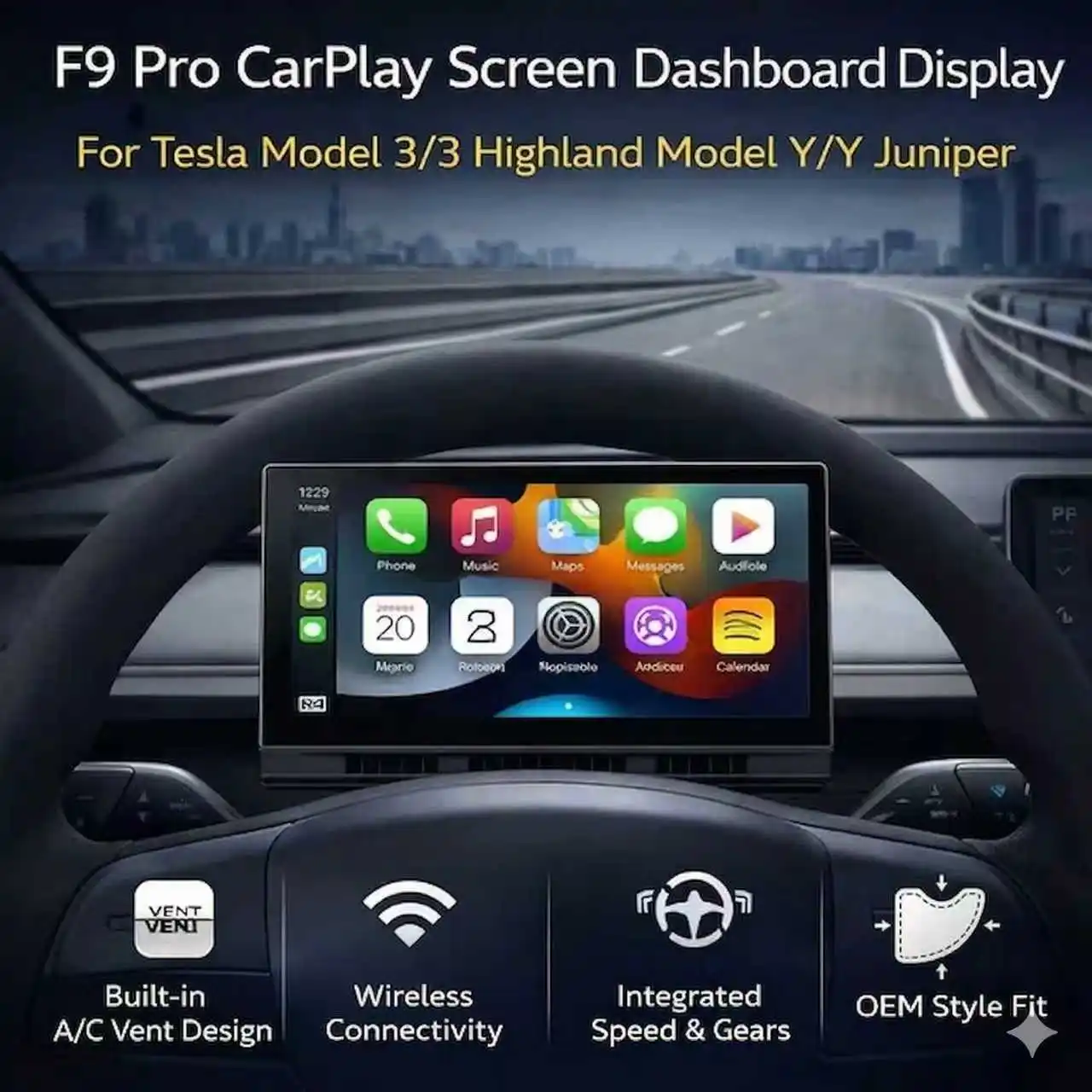 Newest 8.9‘’ F9 Pro CarPlay Screen Dashboard Display for Tesla Model 3/3 Highland for Model Y/Y Juniper Wireless Android Auto