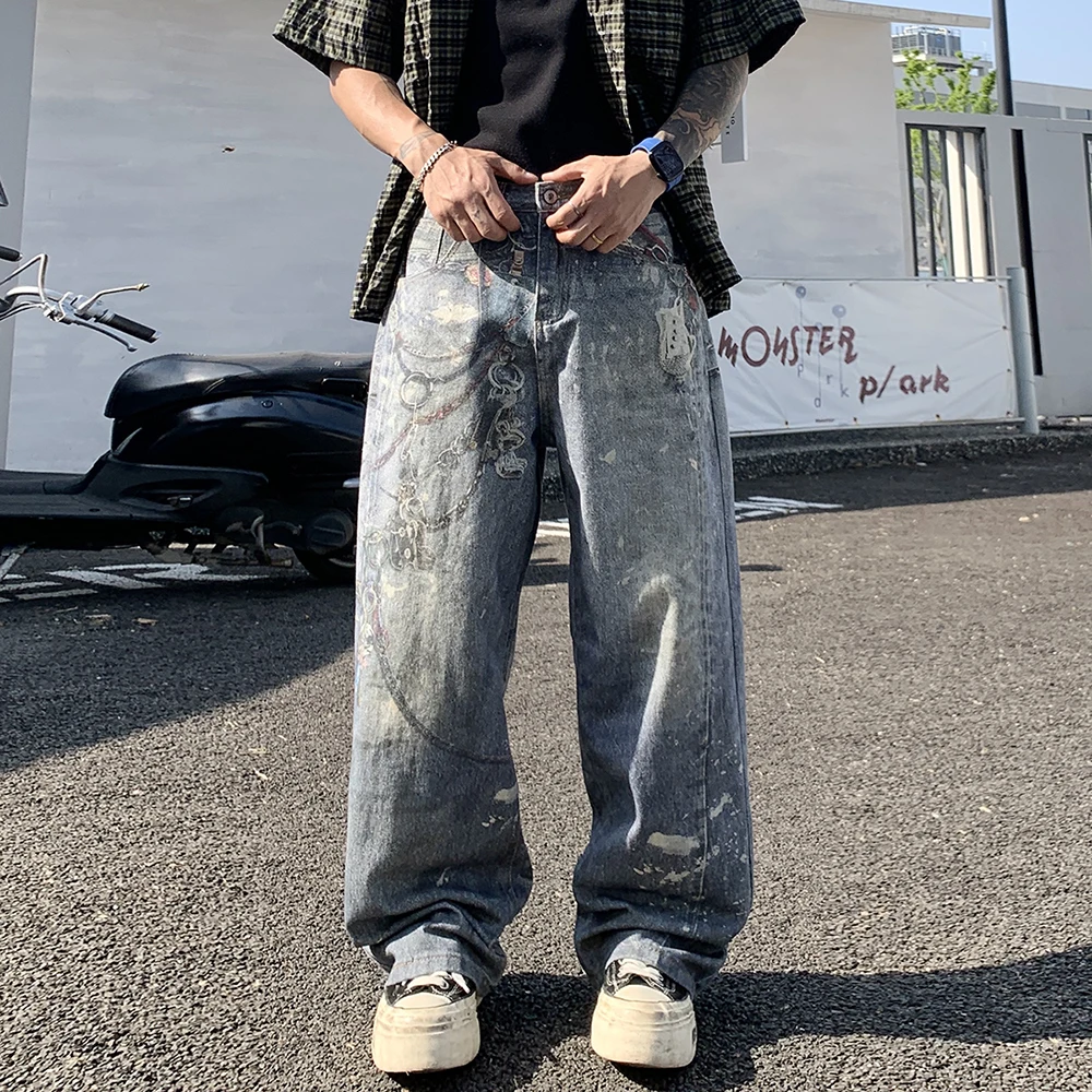 

High Street Мужские джинсы с изогнутыми ножками, городская уличная одежда, потертые свободные прямые повседневные джинсовые брюки с соленой кислотой