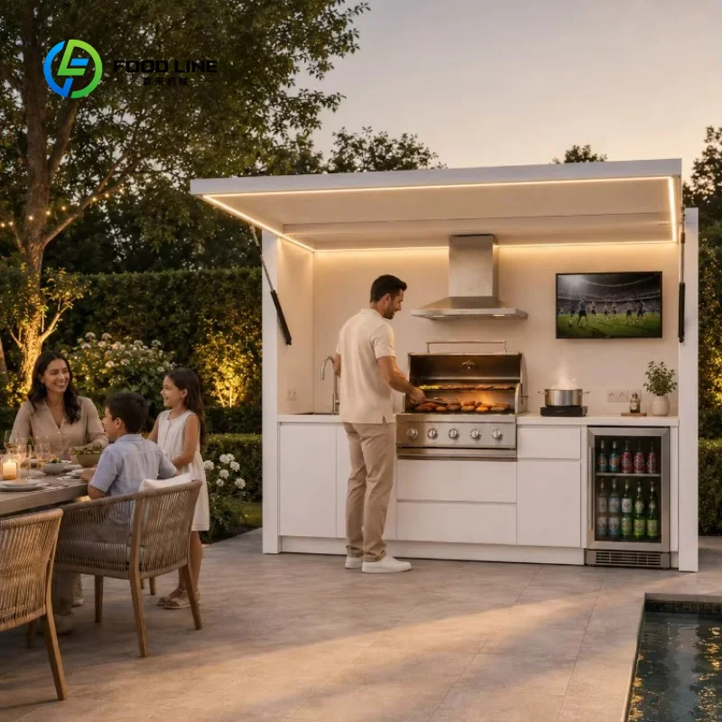 Customized Outdoor Kitchen Island with Stainless Steel Cabinets BBQ Grill Sink for Restaurant Terrace Installations