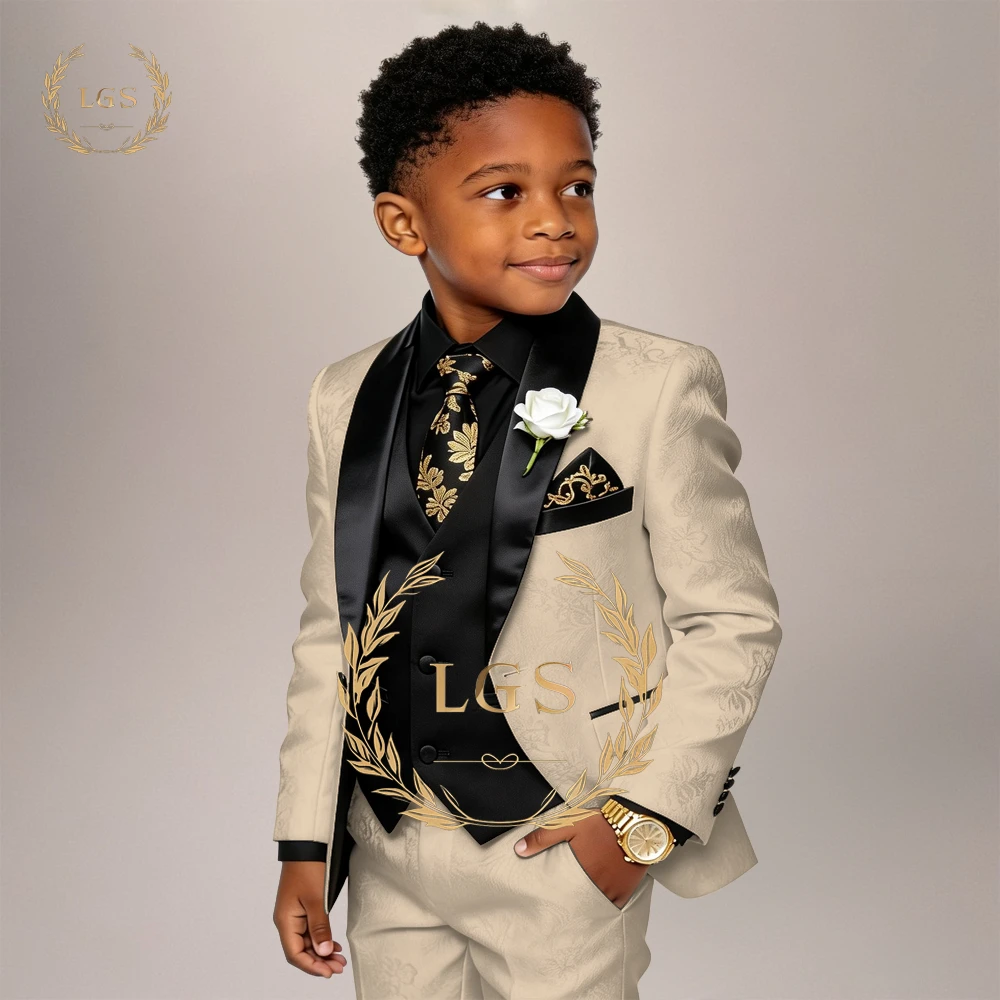 

Boys' Elegant 3-Piece Formal Suit – Jacquard Blazer with Black Trim, Black Waistcoat & Tailored Pants for Pageboys & Ceremonies