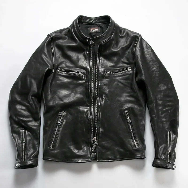 Shop Best.Luxury Mens Thick tanned sheepskin jacket.Classic J100 Motor Rider leather coat.Vintage black real cloth