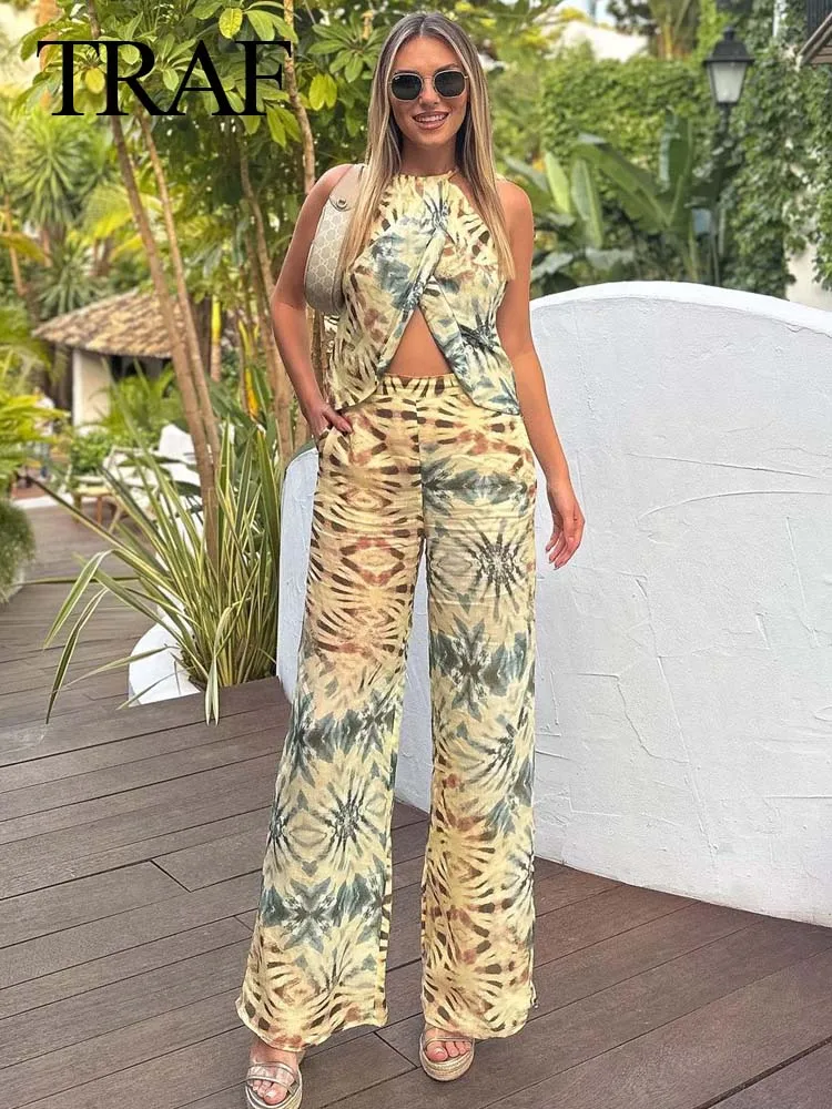 TRAF Women Fashion Suit Floral Print Halter O Neck Strap Cotton Linen Camis Tops + Chic Side Zipper Indie Folk Wide Leg Pants