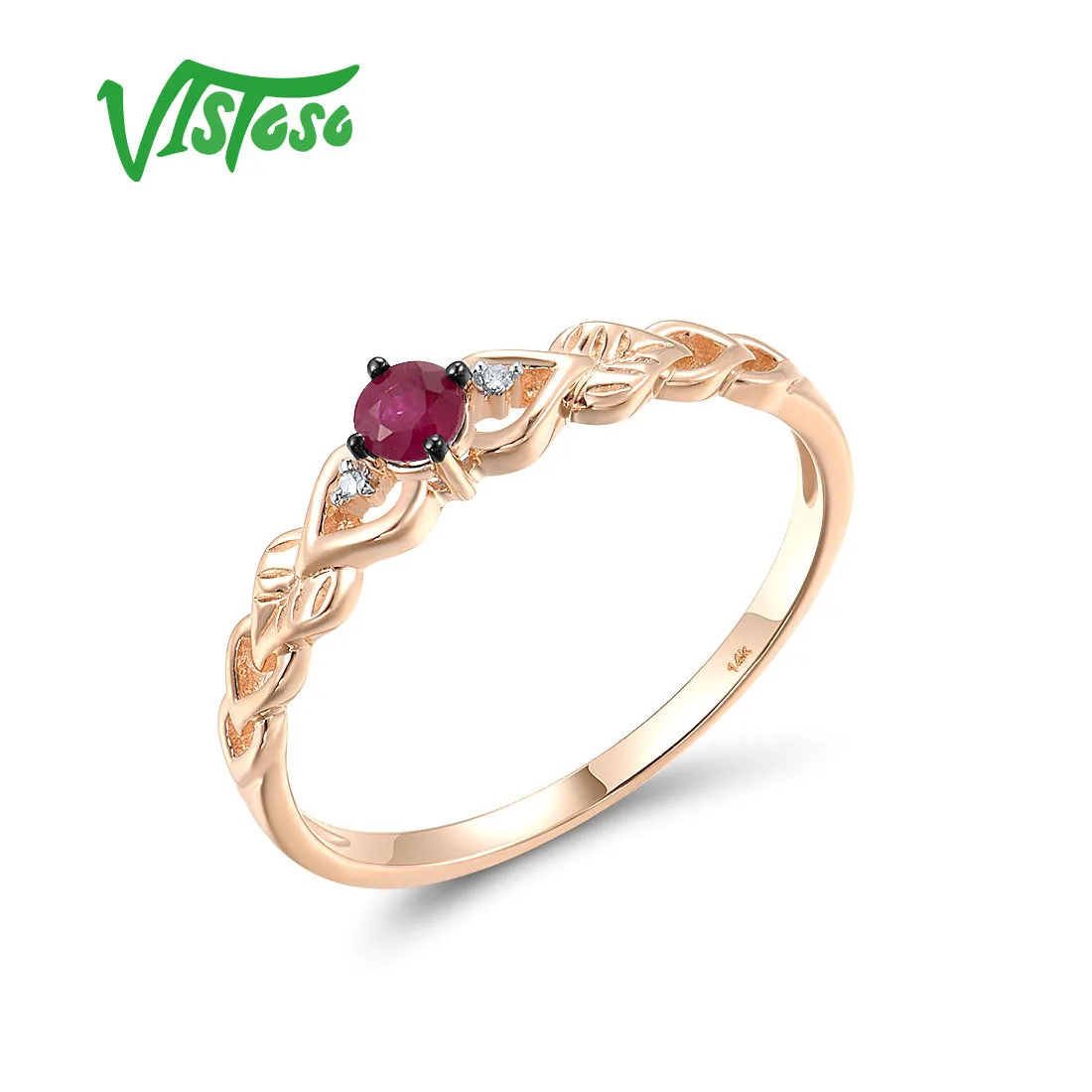 

VISTOSO Genuine Solitaire 14K 585 Rose Gold Ring For Women Sparkling Diamond Ruby/ Sapphire Stackable Wedding Fine Cute Jewelry