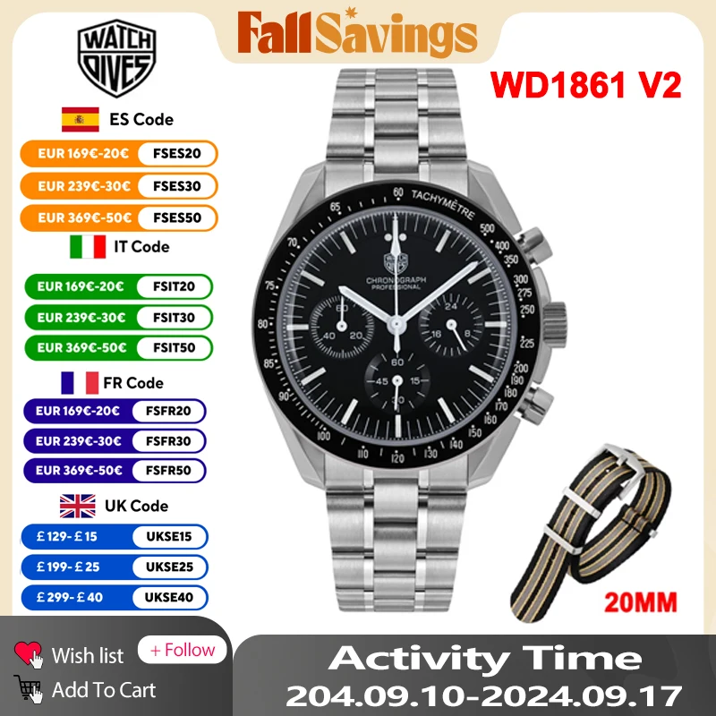 Watchdives wd1861 v2 relógio cronógrafo vk63 movimento de quartzo 316l aço inoxidável relógios masculinos à prova dwaterproof água 100m relógio de pulso safira