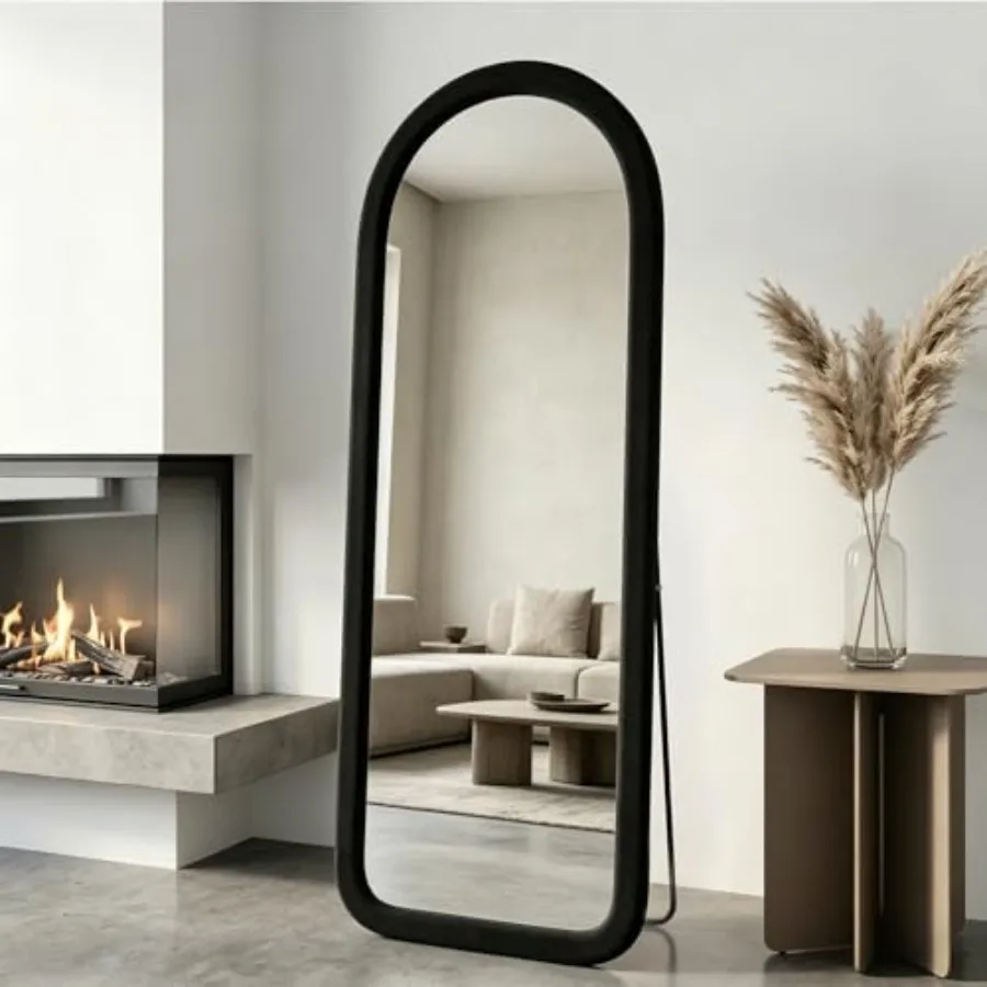 Bedroom full-length arch floor mirror, flannel-wrapped wooden frame, black, 56x20, standing/hanging/leaning, full-body viewing