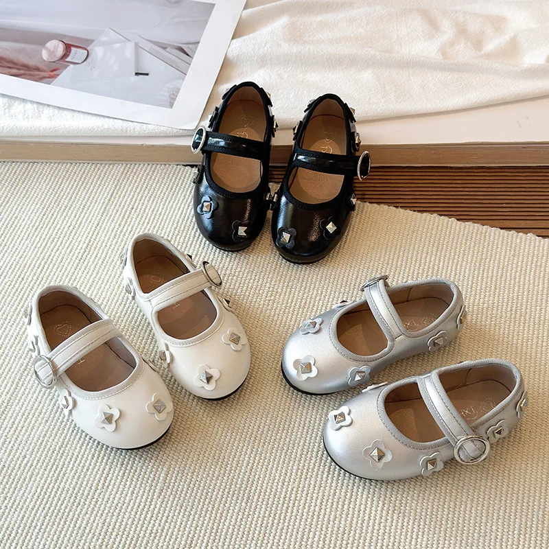 Girl's Mary Janes Flower Three Colors Light Stylish New Kids Princess Shoes Shallow All-match Daily Chic Children Flat Shoe23-34