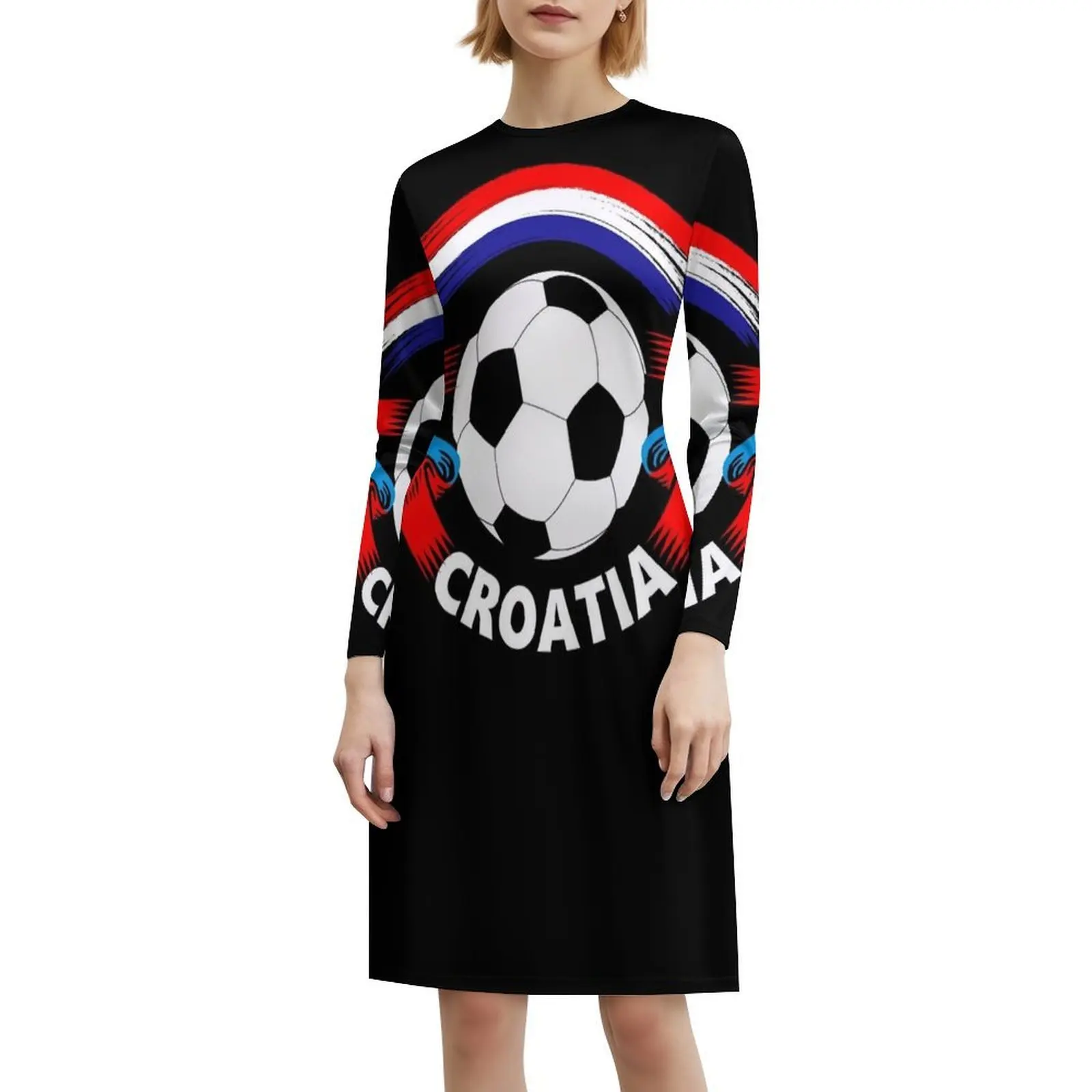 Gaun Kasual Gaya Korea dengan Bendera Penggemar Sepak Bola Kroasia untuk Wanita, Gaun Kantor Sederhana untuk Sehari-hari, Gaun Wanita yang Menunjukkan Kebanggaan Kroasia