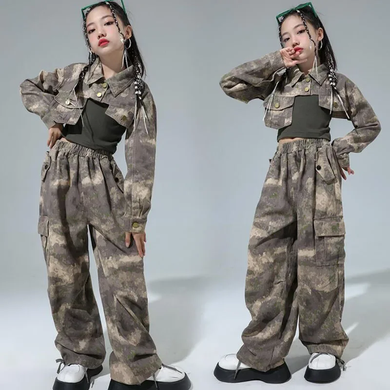 Kids Kpop Hiphop Kleding Camo Crop Shirt Girl Jazz Dance Kostuum Kleding Tank Top Cargo Casual Street Wide Cargo Broek