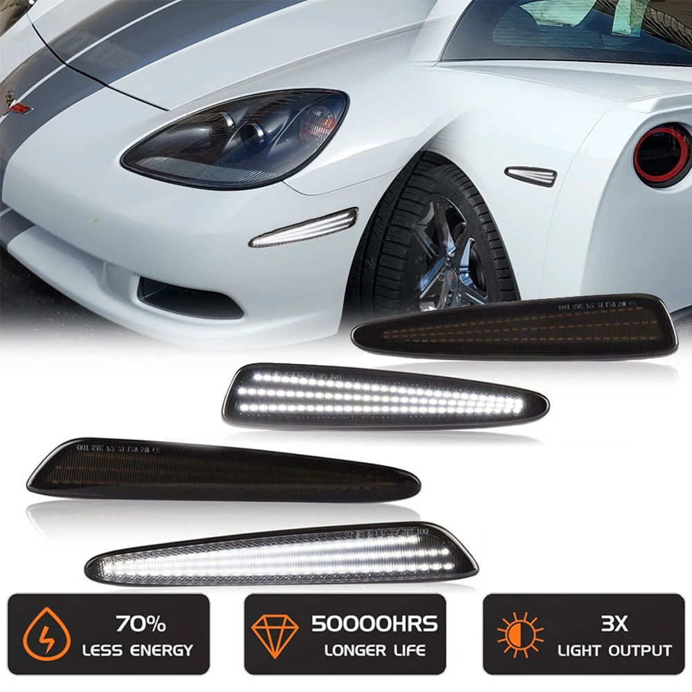 

4Pcs Front Rear Fender LED Side Marker Turn Signal Light for Chevrolet Corvette C6 2005-2013 White Reflector Warning Lamp