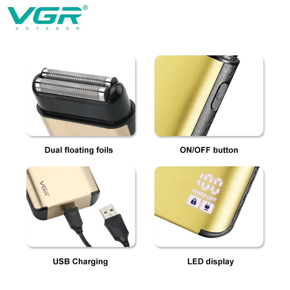 VGR Shaver For Man Rechargeable Electric Razor Waterproof High Quality Shaving Barber Machine  For Man Beard Foil Metal V-351