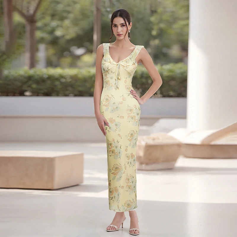 Vestido camisola floral estético para mujer, lazo delgado, escote en V profundo, espalda descubierta, volantes, tirantes, largo, bodycon, fiesta, club, vestidos de playa
