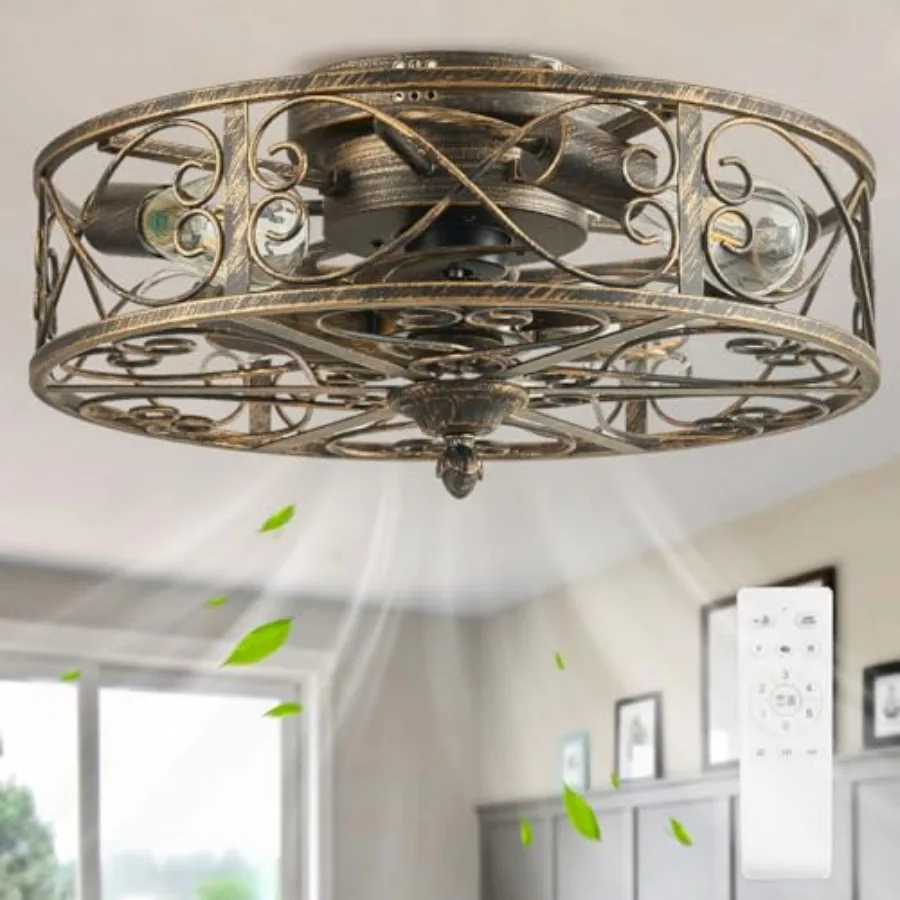 

18.5" Farmhouse Caged Ceiling Fan with Light, Flush Mount Low Profile Bladeless Ceiling Fans with Lights and Remote, 6 Speed, R