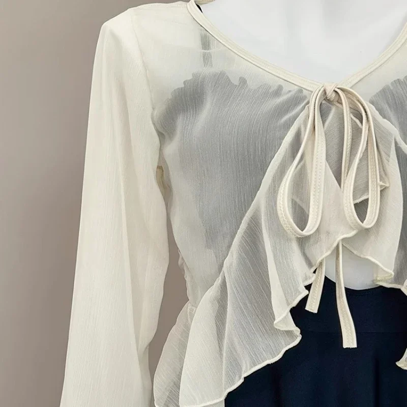 

Women Summer Shirts Sweet Long Sleeve Ruffles Flare Sleeve Holiday Solid Sunscreen Tops Tie-Up Cardigans Chiffon Short Shirts