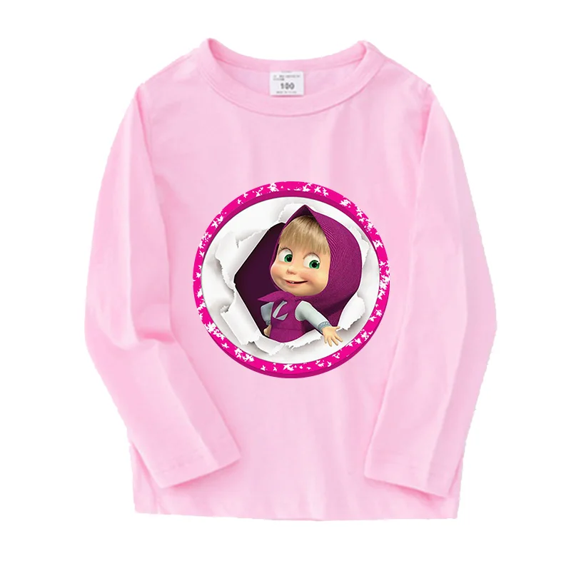 Mashas Bears Long Sleeve T-shirt for Children Kids Cartoon Printed Pink Blue Tops Clothes Autumn Spring Round Neck Tee Girl Boy