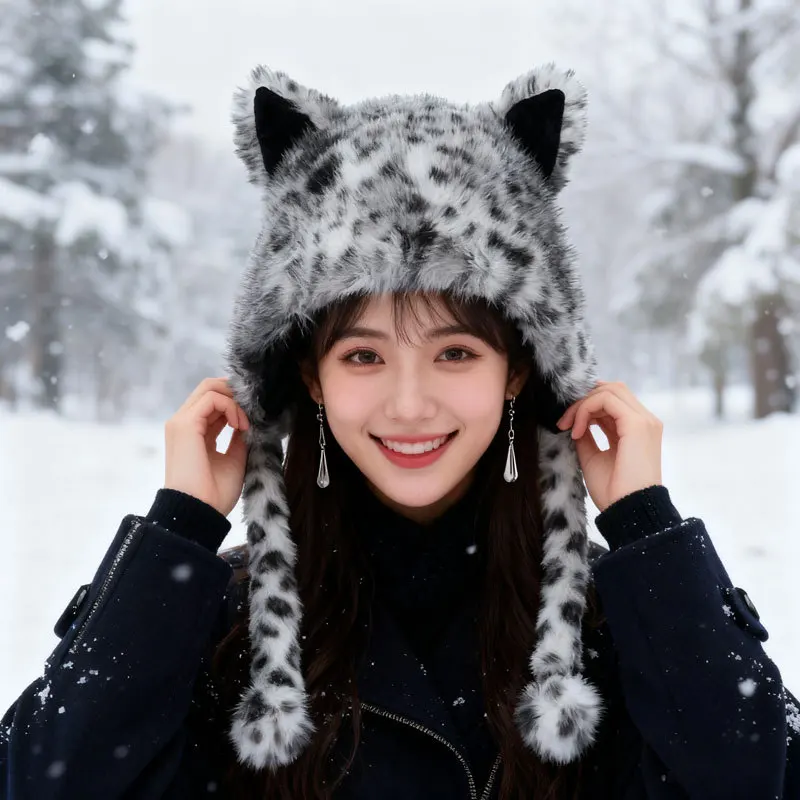 Autumn and Winter Spots Cute Cat Ear Plush Hat Fleece Thickened Bag Head Cold Warm Fashion Versatile Lei Feng Hat