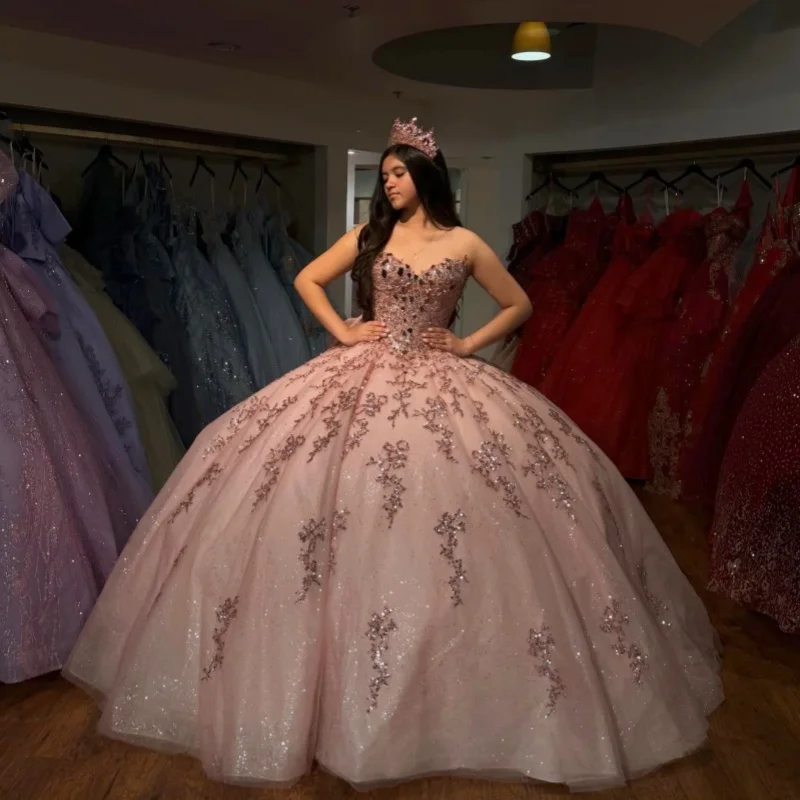 

Rose Pink Quinceanera Dresses Off the Shoulder Glitter Crystal Decal Long tail Bow Vestido De 15 Quinceanera Customize