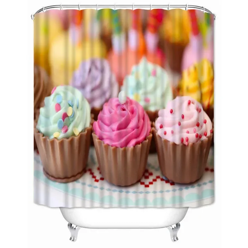 Dessert Cupcake Printed Shower Curtains Delicious Food Bathroom Curtain Waterproof Fabric Screen Home Decoration with Hooks