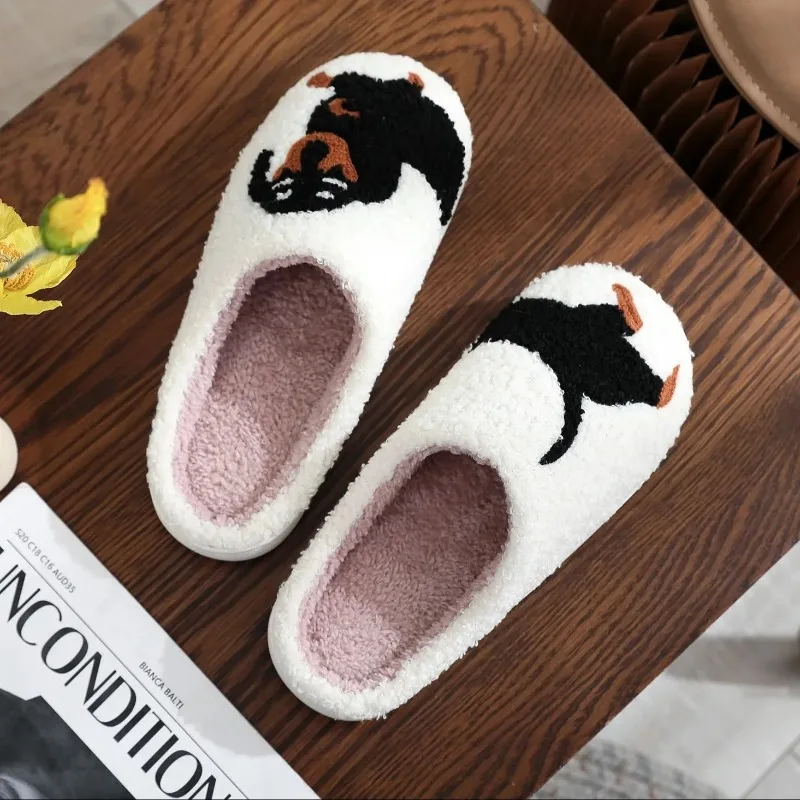 Pet Pattern Dachshund Embroidery stuffed Home Thick Sole plaid Furry Cotton Slippers Cute Warm Non-slip Indoor Slippers  Gift