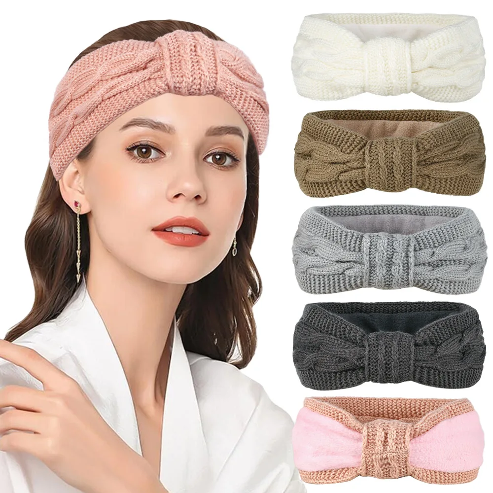 European and American Double Twists Knot Knitting Headband For Women Plus Velvet Lining Ear Warmers Wide Hairbands Autumn Winter