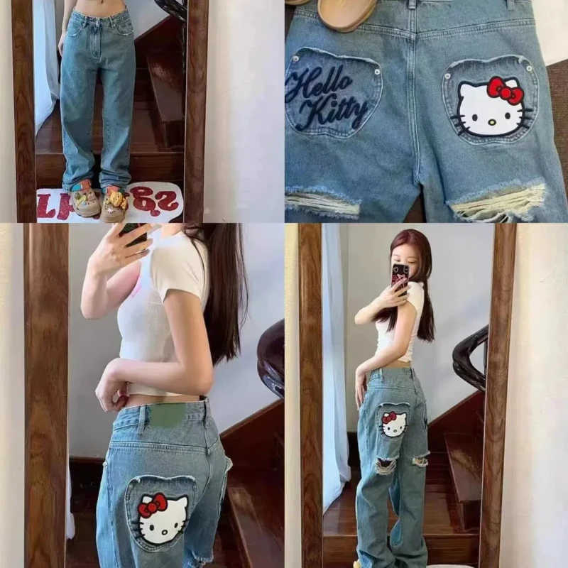 Sanrio Hellokitty Cartoon Women's Pants Kawaii Anime Print Embroidered Ripped Jeans Loose Mid Rise Straight Pants Fashion Gifts