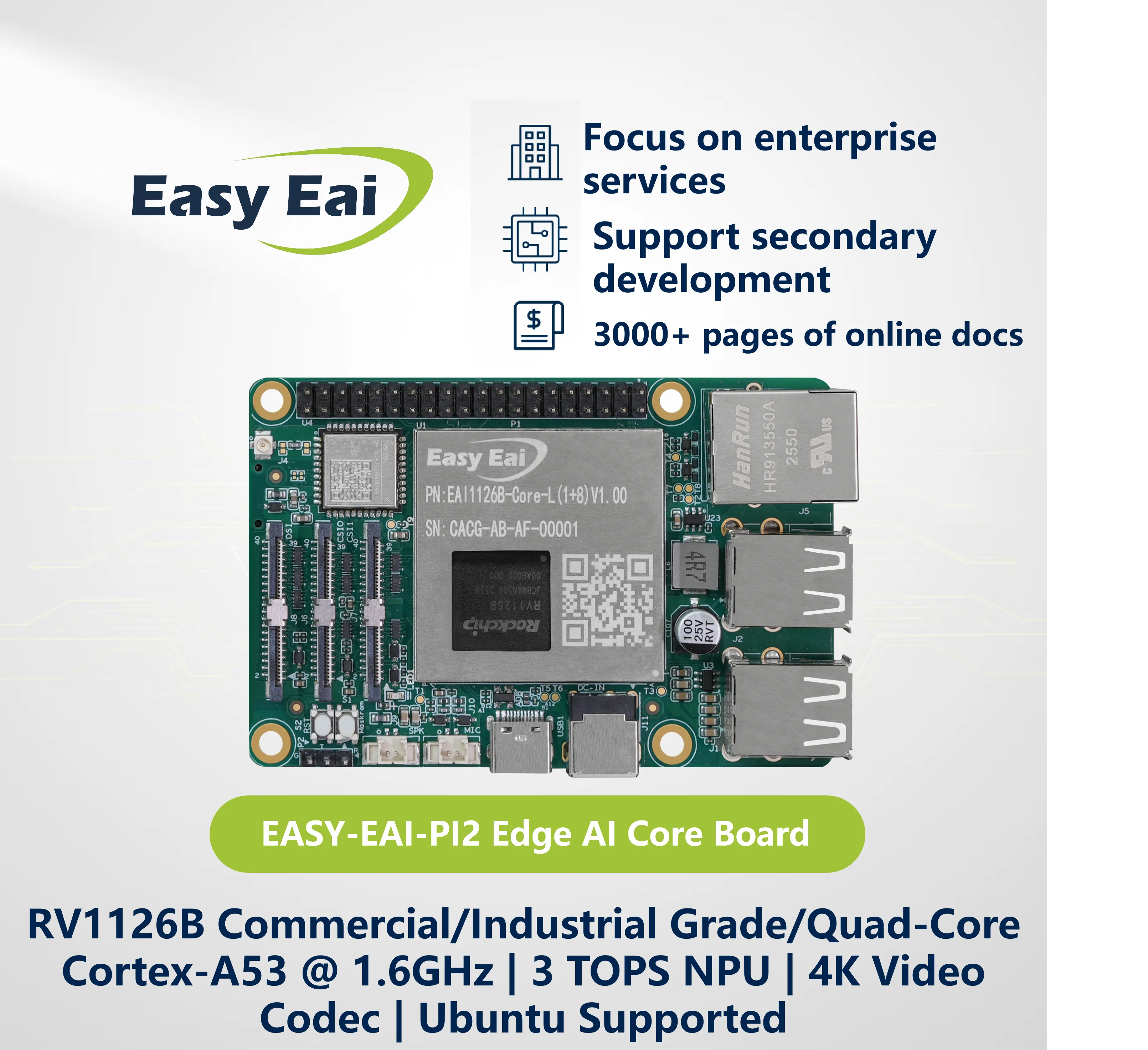 4K HD Vision Embedded Core Board, EASY EAI RV1126B ARM Quad-Core A53 Module, LGA Packaging Design, 3TOPS NPU for Edge AI Vision