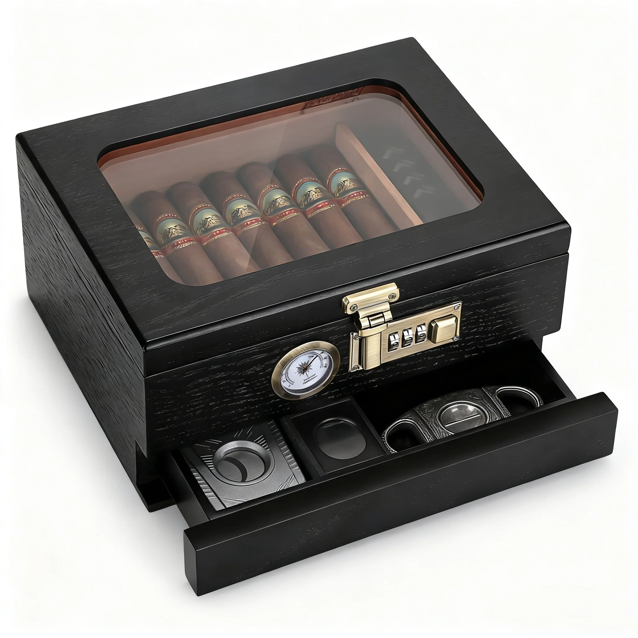 

Cigar Humidor Solid Wood Combination Lock, Glass Top Cedar Storage Box Holds 35 Cigars, Humidifier Hygrometer Accessory Drawer