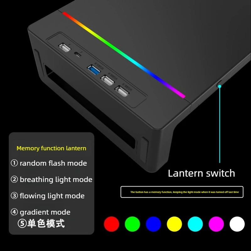 USB Monitor Riser with Dual Fast Charging Ports, Three Data Interfaces, 8.5cm Elevated Height plus Decorative Desktop Lighting