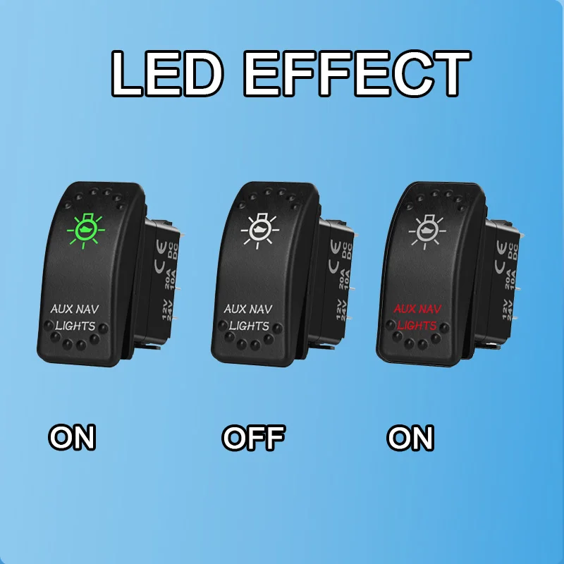 Waterproof AUX NAV LIGHTS Switch 12V-24V 7Pin DPDT ON-OFF-ON Rocker Switch with Green Red Lights for Boats Yachts