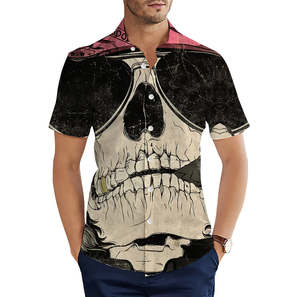 

Men for Hawaiian Shirts Black and White Skull 3D Graphic Printed Summer Short Sleeve Button Men Shirt Fashion Casual Tops 5XL